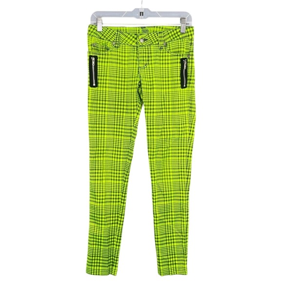 Tripp NYC Neon Lime Green Plaid Skinny Zipper Pants Punk Goth Rave Scene Sz 9 - Picture 1 of 13